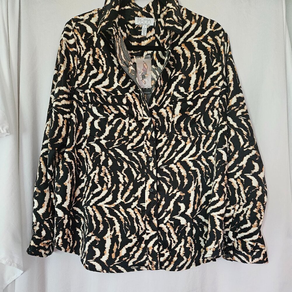 Sofia Jeans by Sofia Vergara Leopard Animal Print Button Front Blouse Size L